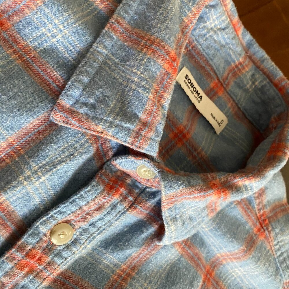 Sonoma Blue Plaid Flannel Shirt 100% Cotton "BEACH" script Size Small